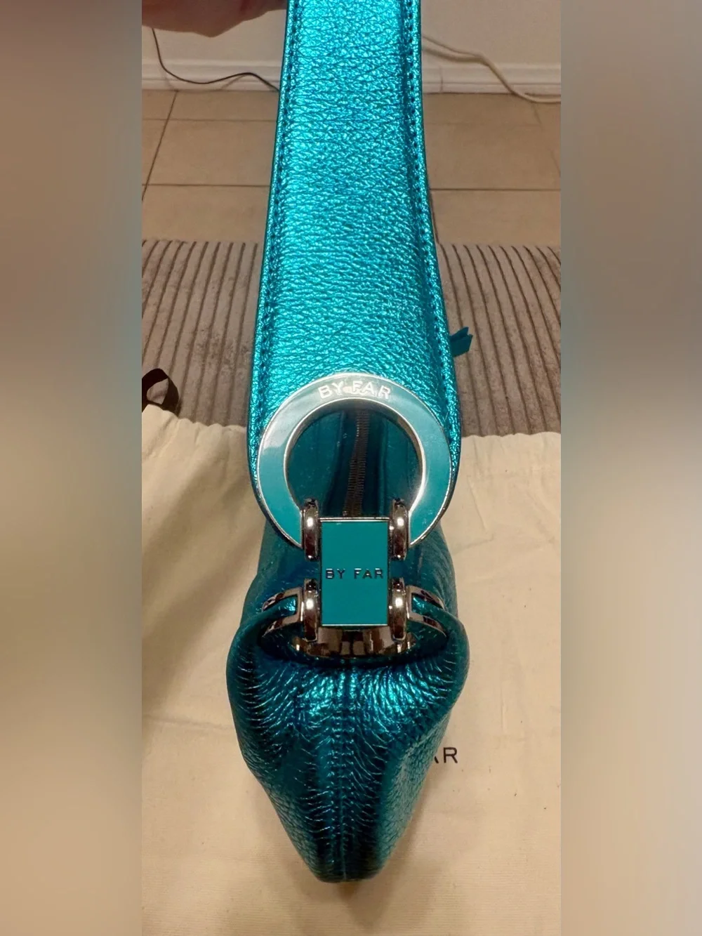 BY FAR Mini Amira Aqua Metallic Leather Shoulder Bag